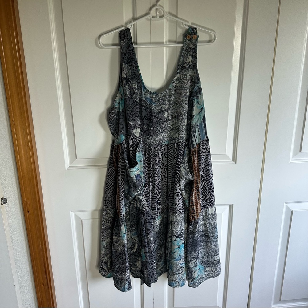 Kantha Bae Bohemian Sleeveless Dress Front Pockets Blue and Gray NWT
